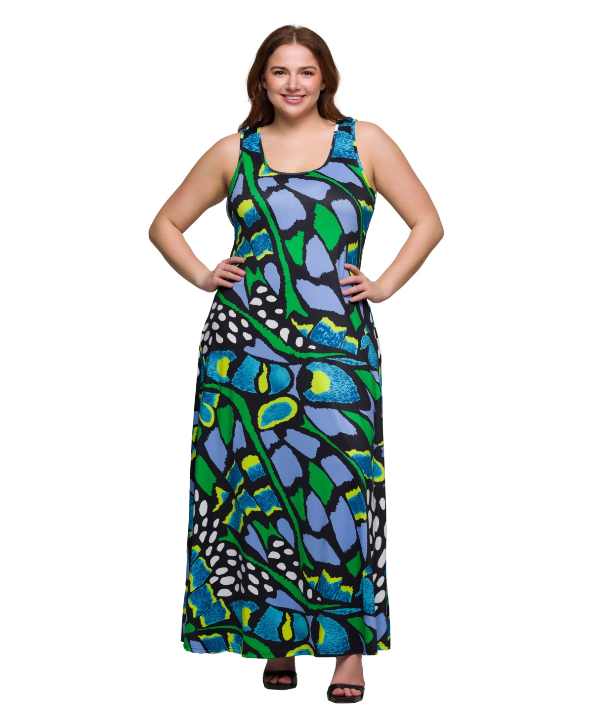 24SEVEN COMFORT APPAREL PLUS SIZE PRINT SCOOP NECK A-LINE SLEEVELESS MAXI DRESS 