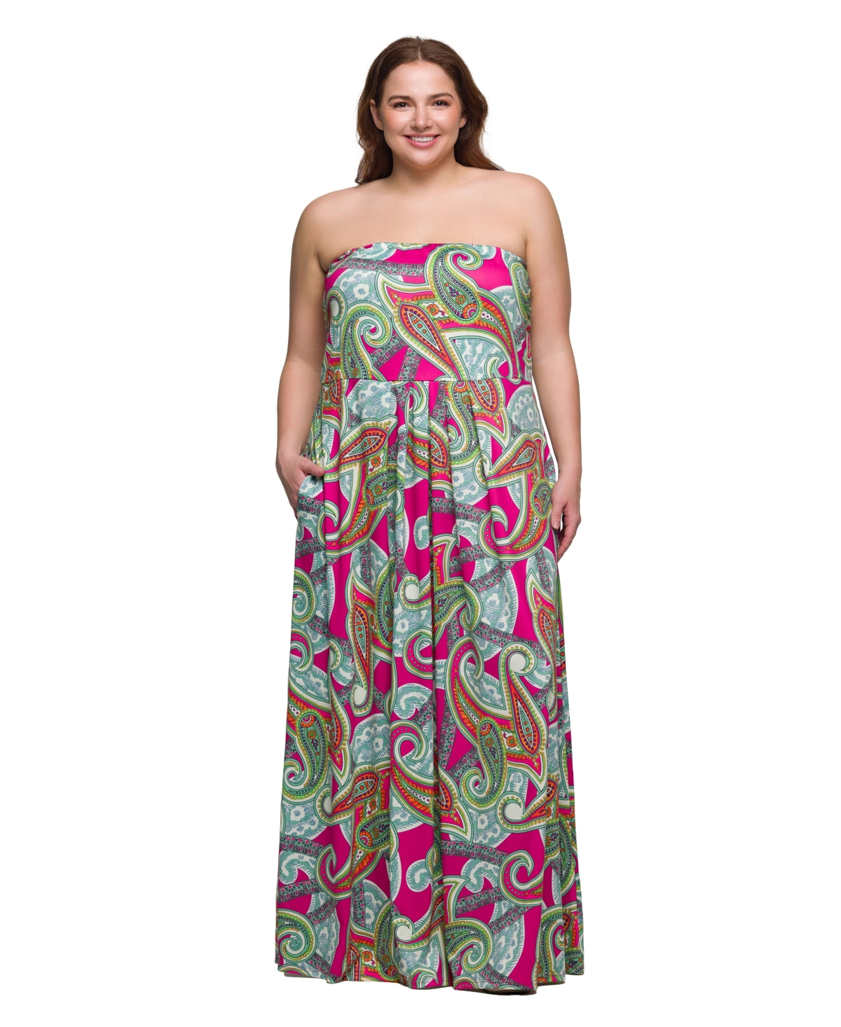 24SEVEN COMFORT APPAREL PLUS SIZE A-LINE STRAPLESS MAXI DRESS WITH POCKETS 