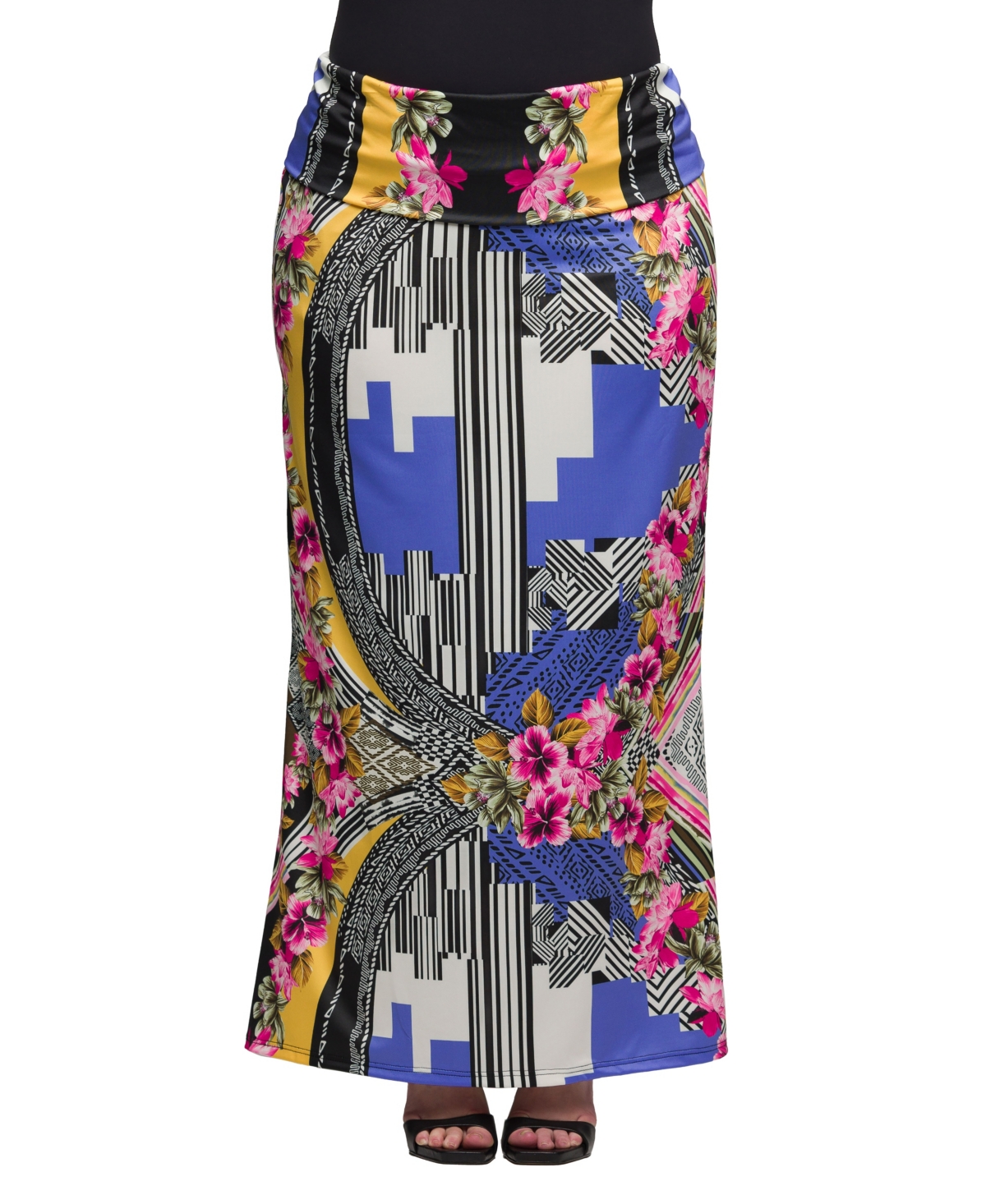 24SEVEN COMFORT APPAREL PLUS SIZE PRINT FOLD OVER WAIST MAXI SKIRT 