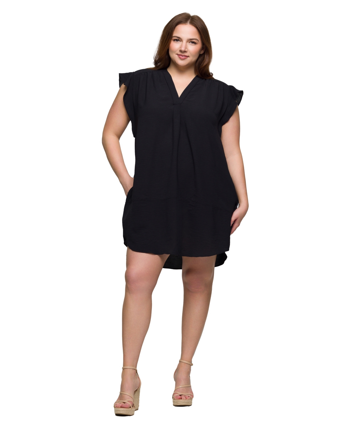 Plus Size V-Neck Cap Sleeve Knee Length Pocket Dress - Black