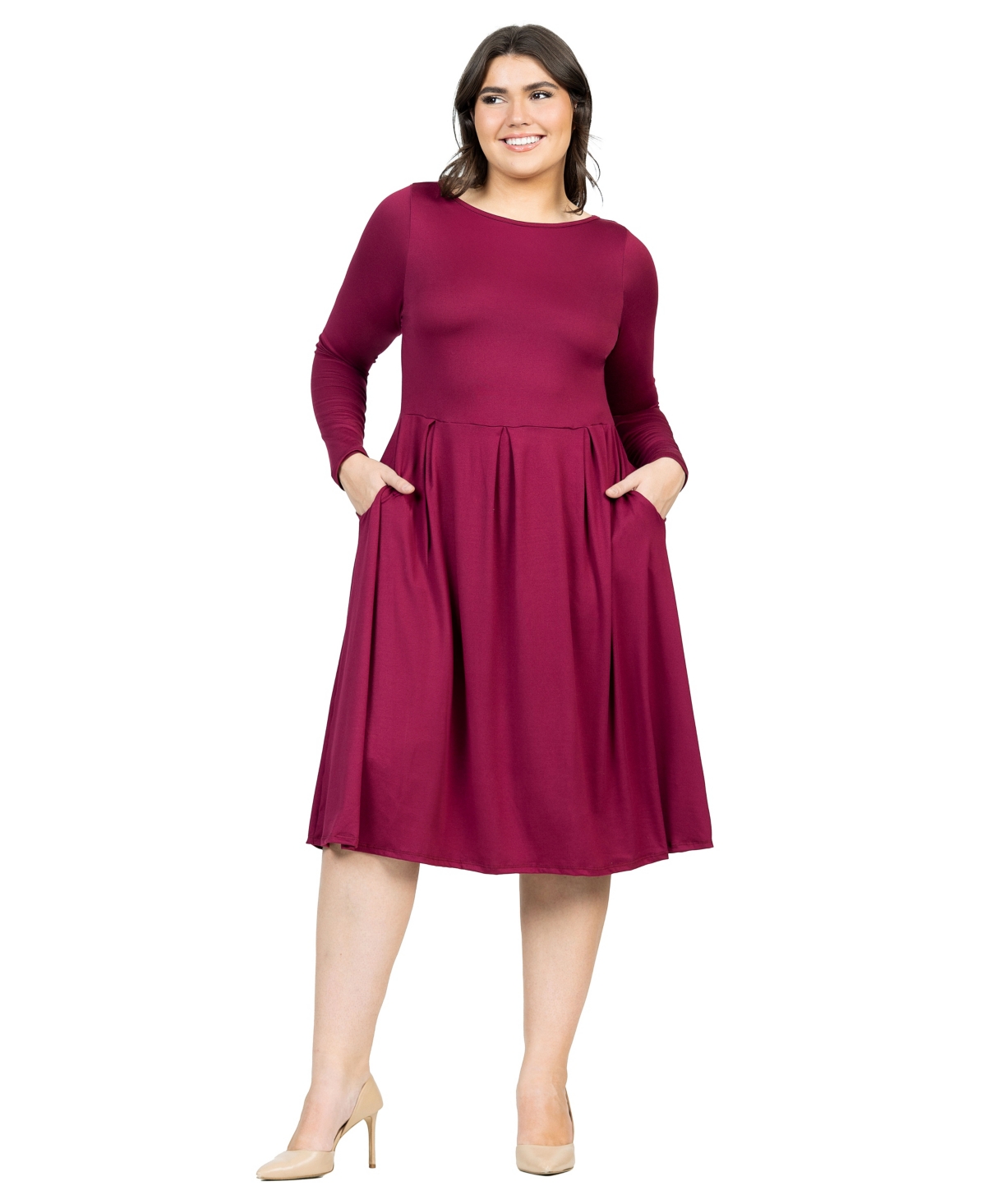 24seven Comfort Apparel Plus Size Long Sleeve Fit And Flare Midi Dress In Wine