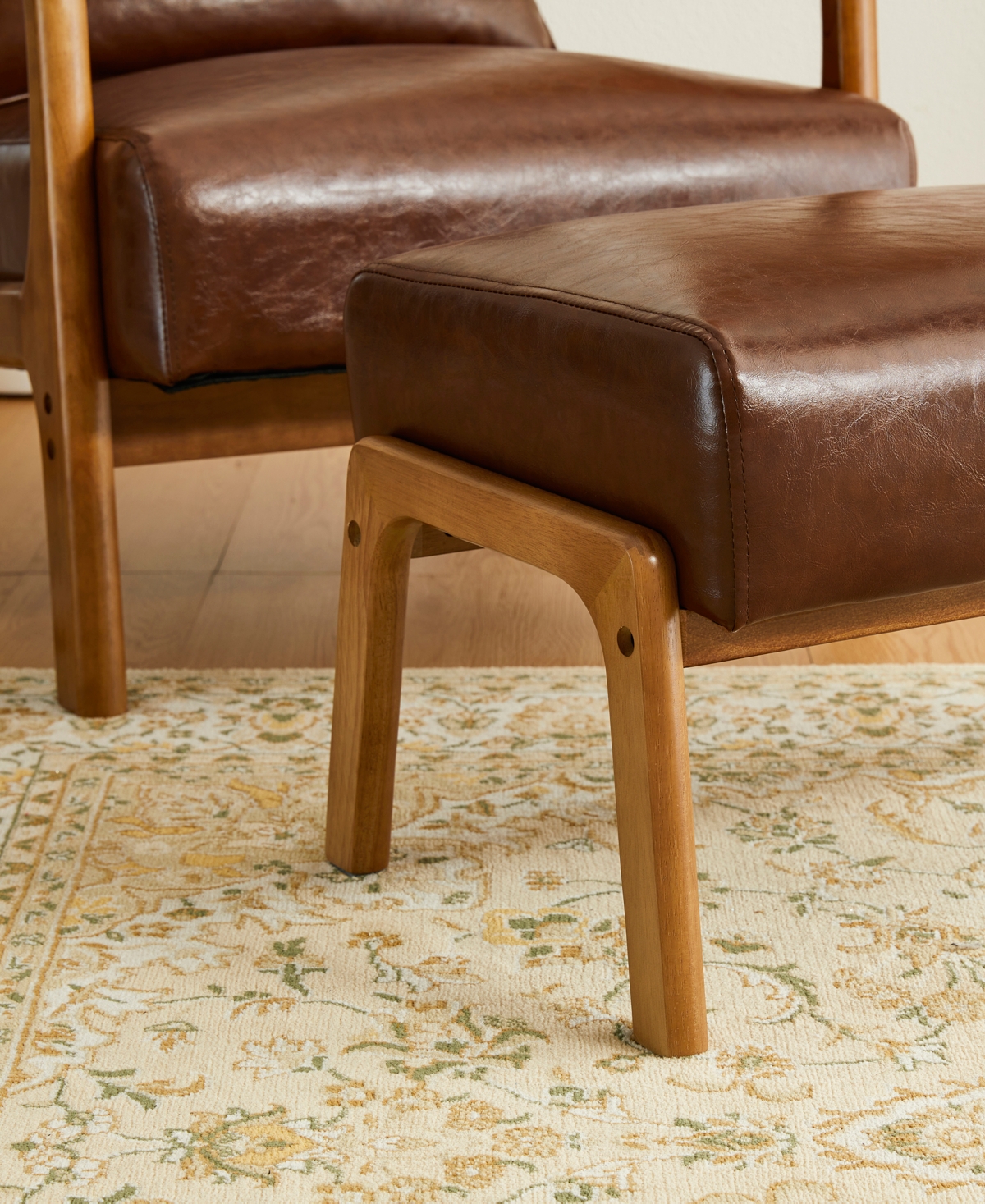 Glitzhome Set Of 2 Leatherette Mid-century Modern Accent Stool And Chair In Brown