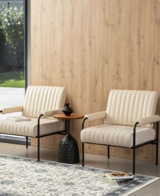 34" Leatherette Mid-Century Modern and Fabric Combination Armchair