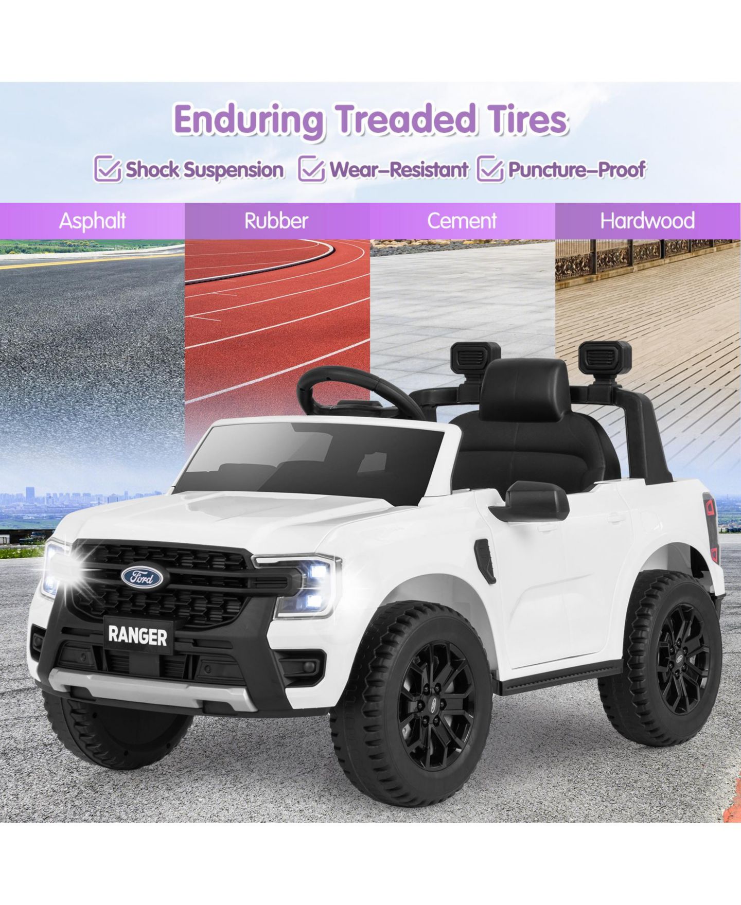 Детская игрушка HONGGE Ford Ranger 12V Remote Control Ride-On Car with Bluetooth Music, Ages 3+, цвет: Белый — фото 2