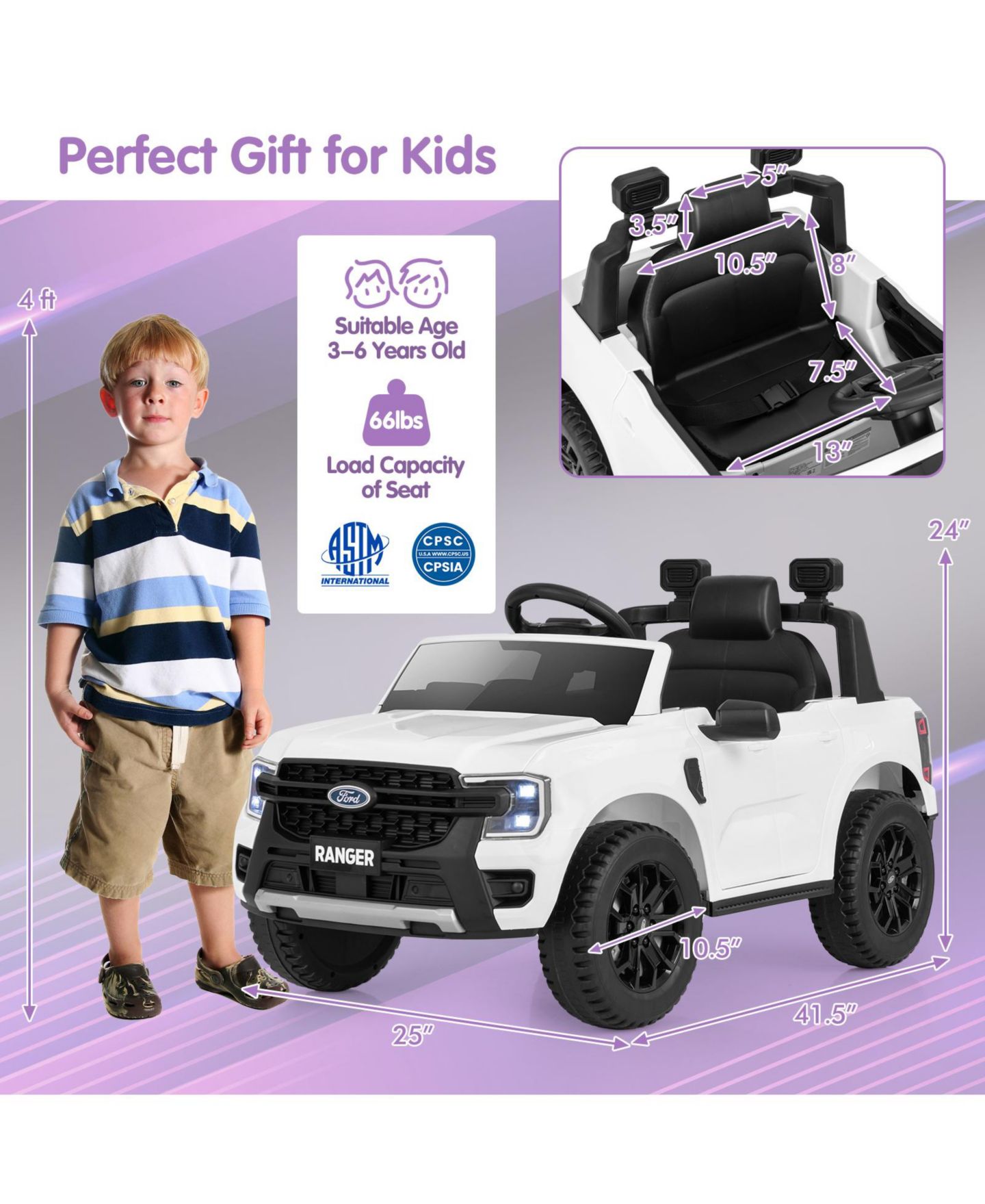 Детская игрушка HONGGE Ford Ranger 12V Remote Control Ride-On Car with Bluetooth Music, Ages 3+, цвет: Белый — фото 11
