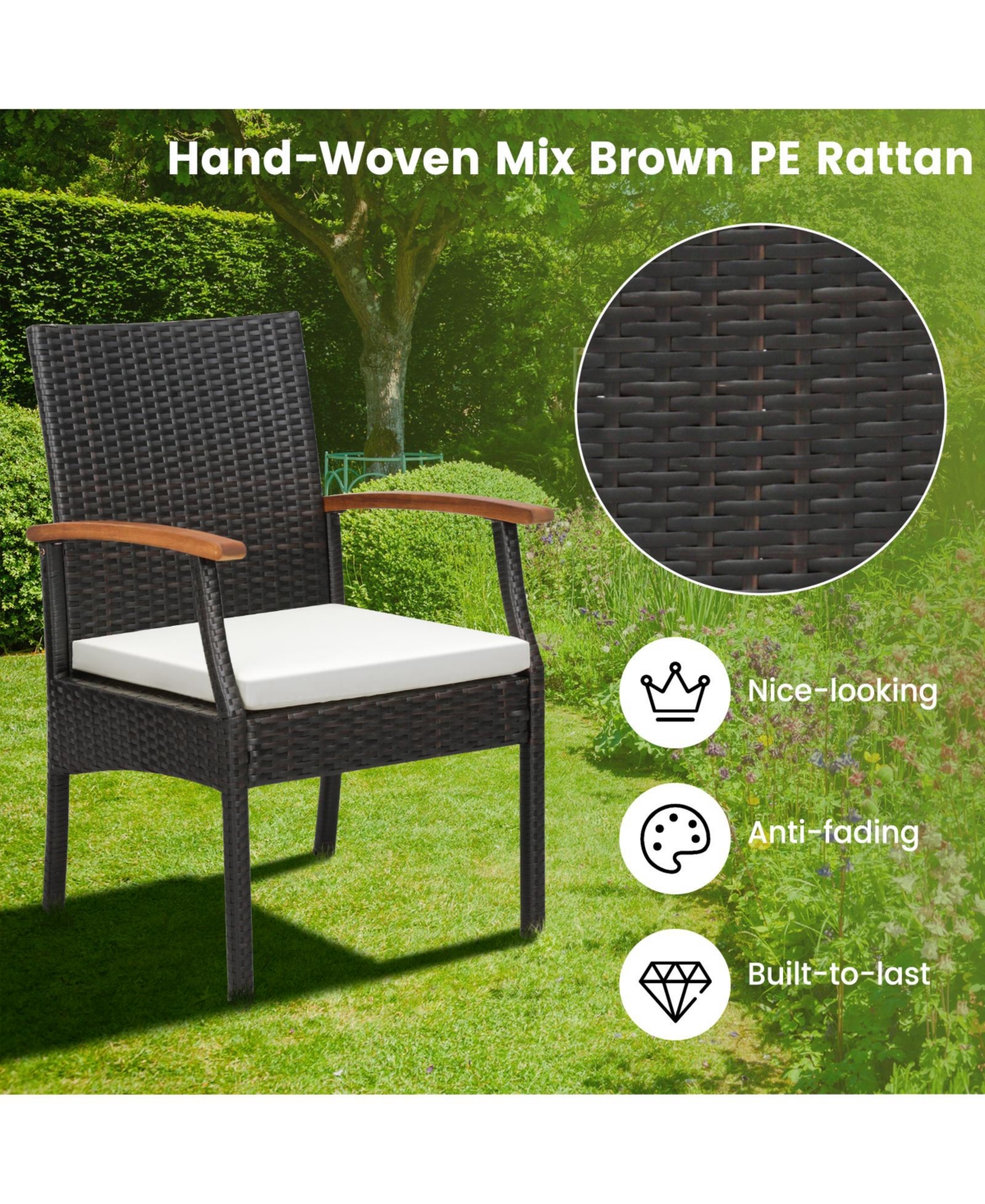 9 Pieces Patio Rattan Dining Set with Acacia Wood Table for Backyard Garden-Wood Handrail