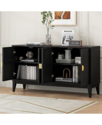 4-Door Black Sideboard Cabinet with Gold Handles and Adjustable Shelf