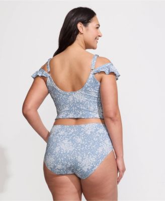 Plus Size Pique Ruffle Midkini Top and High Waisted Bottom Swimsuit Set