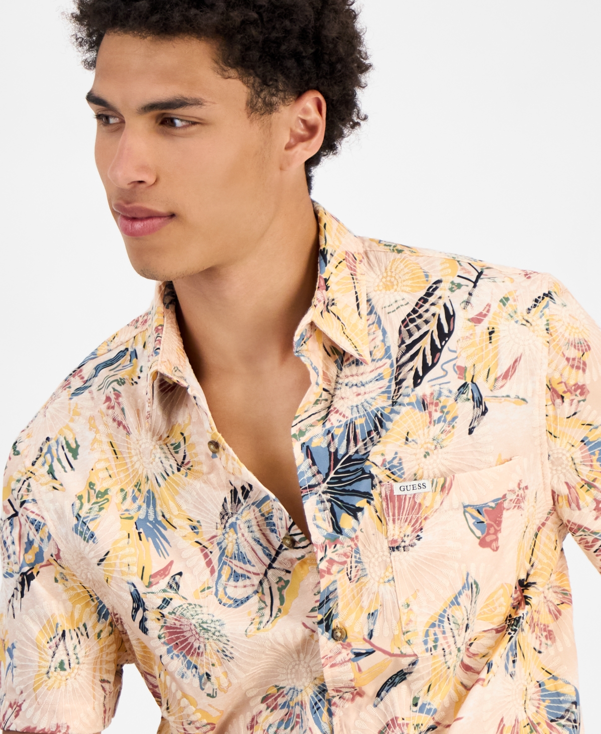 Guess Men's Embro Printed Short-sleeve Button Shirt In Quicksand Tropical Colorful