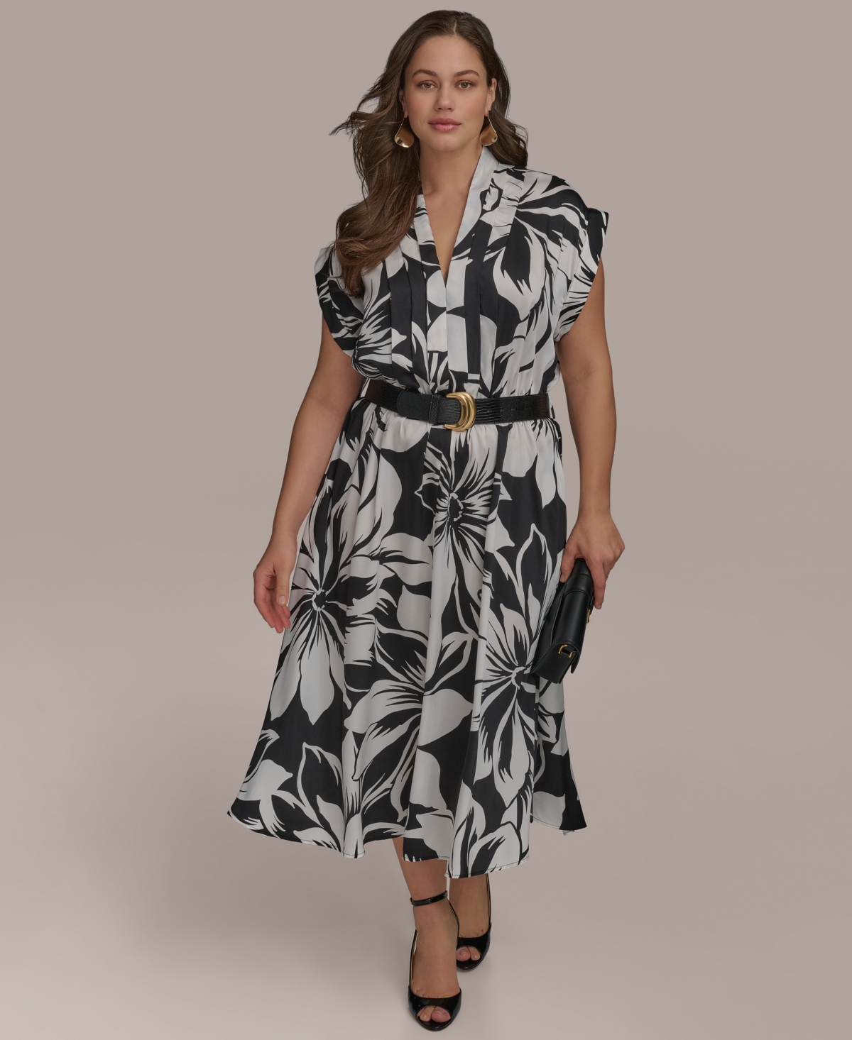 Donna Karan Plus Size Printed Belted A-line Dress In Black Pristine