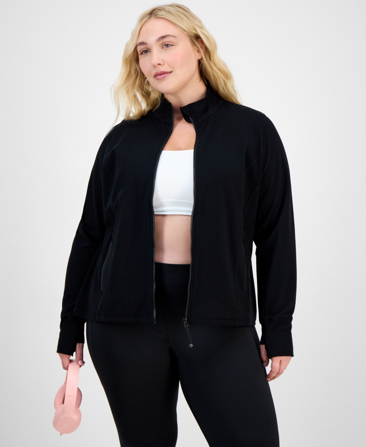 Plus Size Soft Flex Solid Full-Zip Jacket, Created for Macy's - Deep Black
