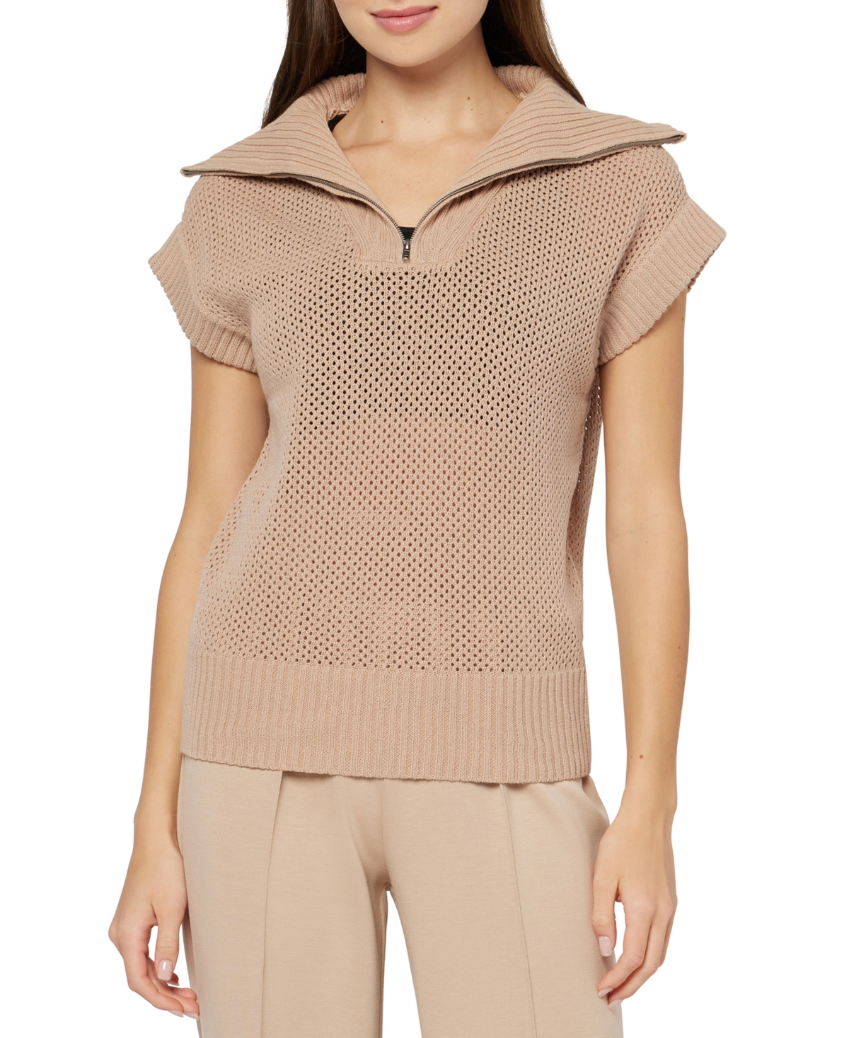 Three Dots Kim Dolman Sleeve Quarter Zip Sweater In Light Taupe