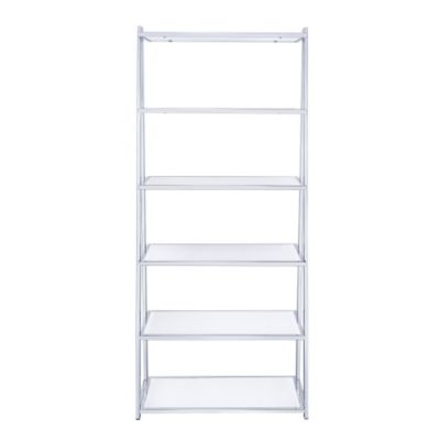 White and Chrome Bookshelf with 6 Shelves High Gloss Finish Wood Metal Frame Modern Bookcase