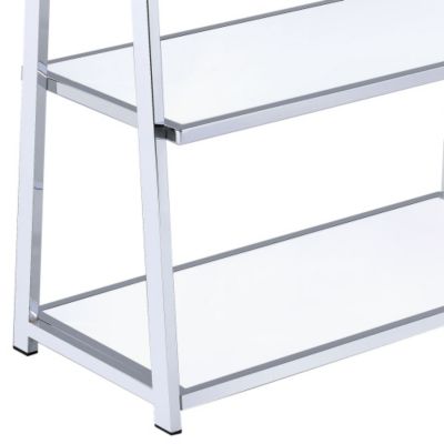 White and Chrome Bookshelf with 6 Shelves High Gloss Finish Wood Metal Frame Modern Bookcase