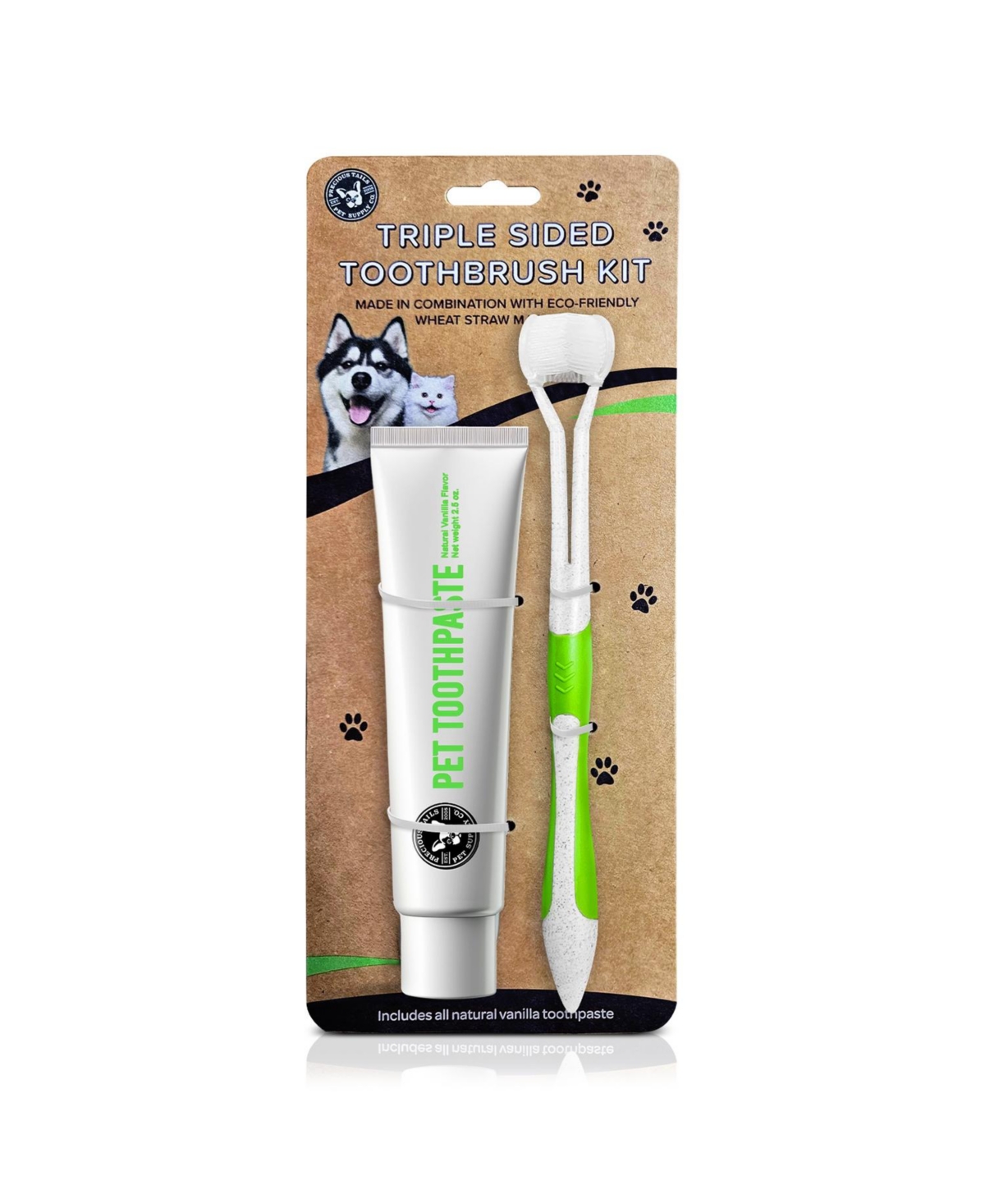 P.t. Supply Co. Triple-Sided Pet Toothbrush Kit, Eco-Friendly Wheat Straw Material for Dogs and Cats - White