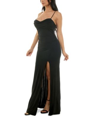 Juniors' Spaghetti Strap Cowlneck Slit Gown 