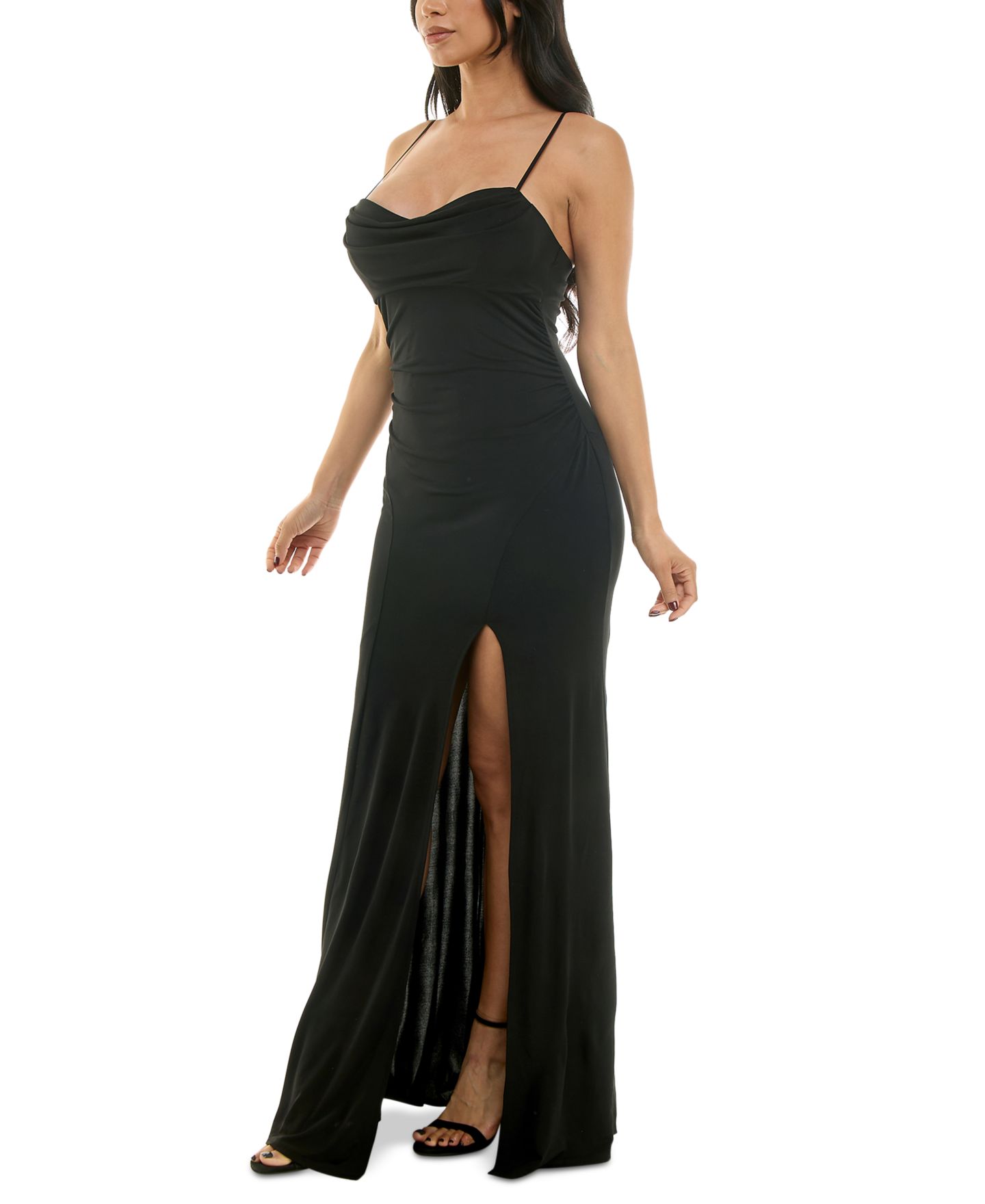 Женские платья Emerald Sundae Juniors' Spaghetti Strap Cowlneck Slit Gown, цвет: Чёрный — фото 8