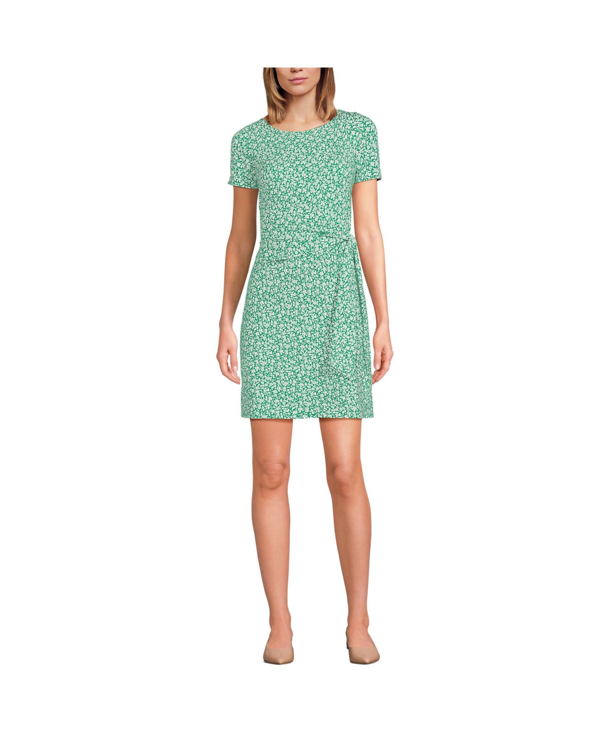 Lands' End Women's Short Sleeve Cotton Modal Wrap Above the Knee Dress - Vibrant clover blossoms