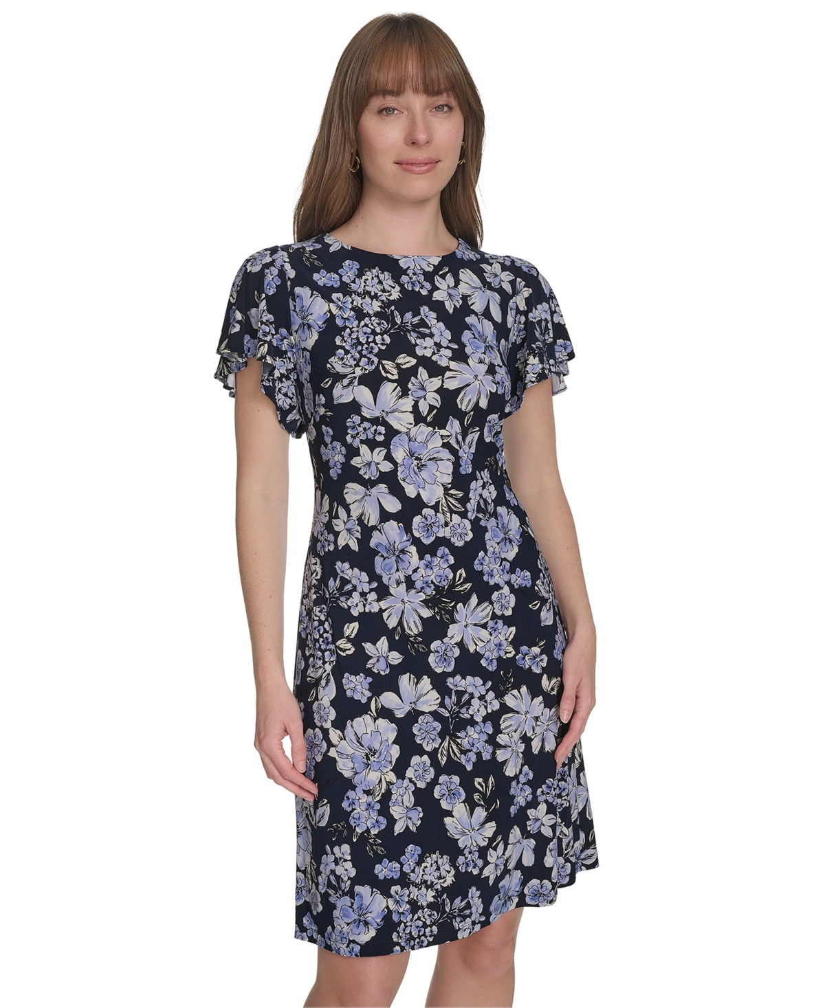 Tommy Hilfiger Women's Floral-print Flutter-sleeve Dress In Sky Captain Multi