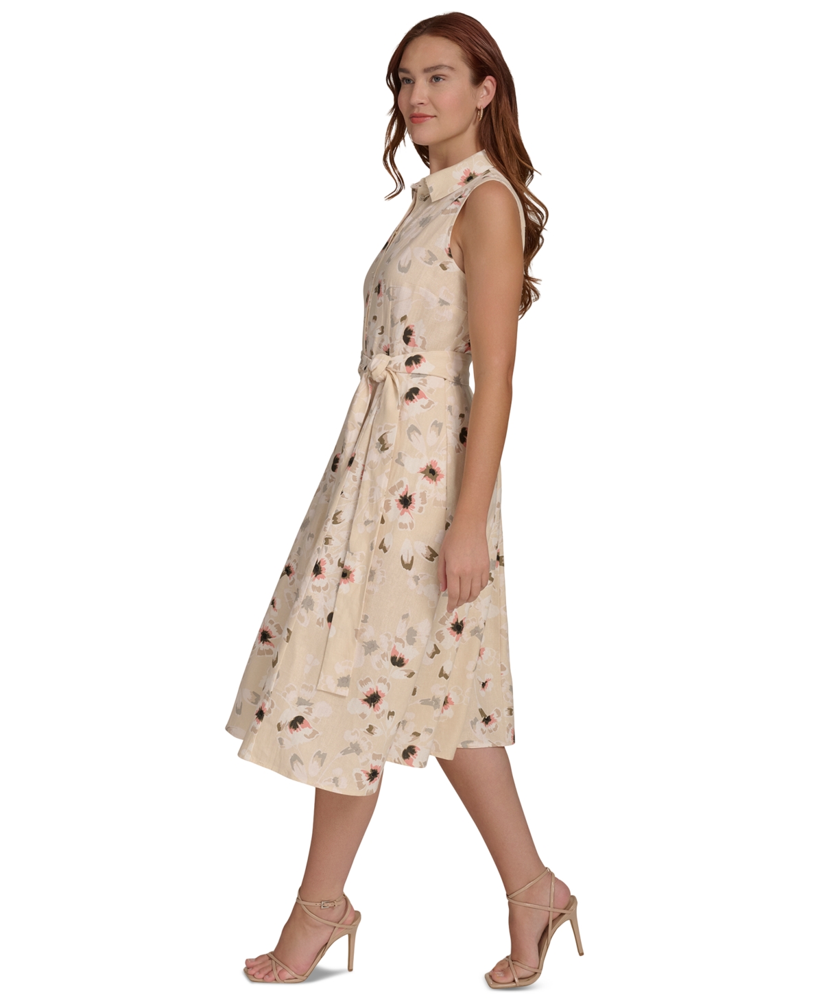 Tommy Hilfiger Women's Floral-print Button-down Tie-front Cotton Shirtdress In Parchment Multi