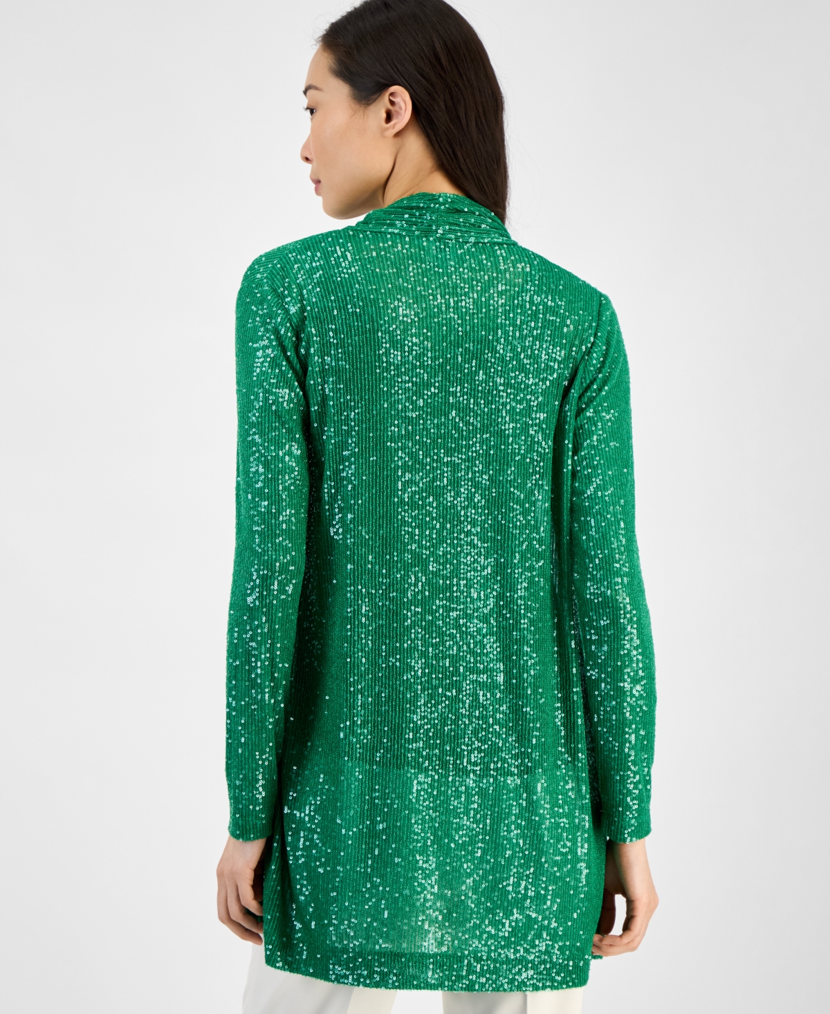 Anne Klein Sequin Draped Open Front Cardigan In Green