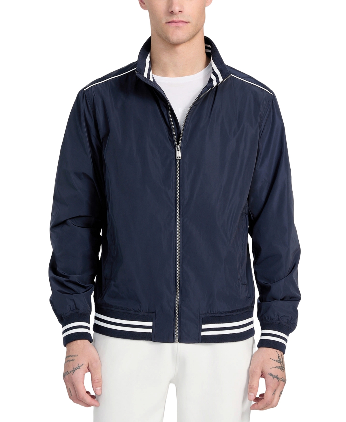 Men's Regular-Fit Urban Stripe Bomber Jacket - Smart Blue