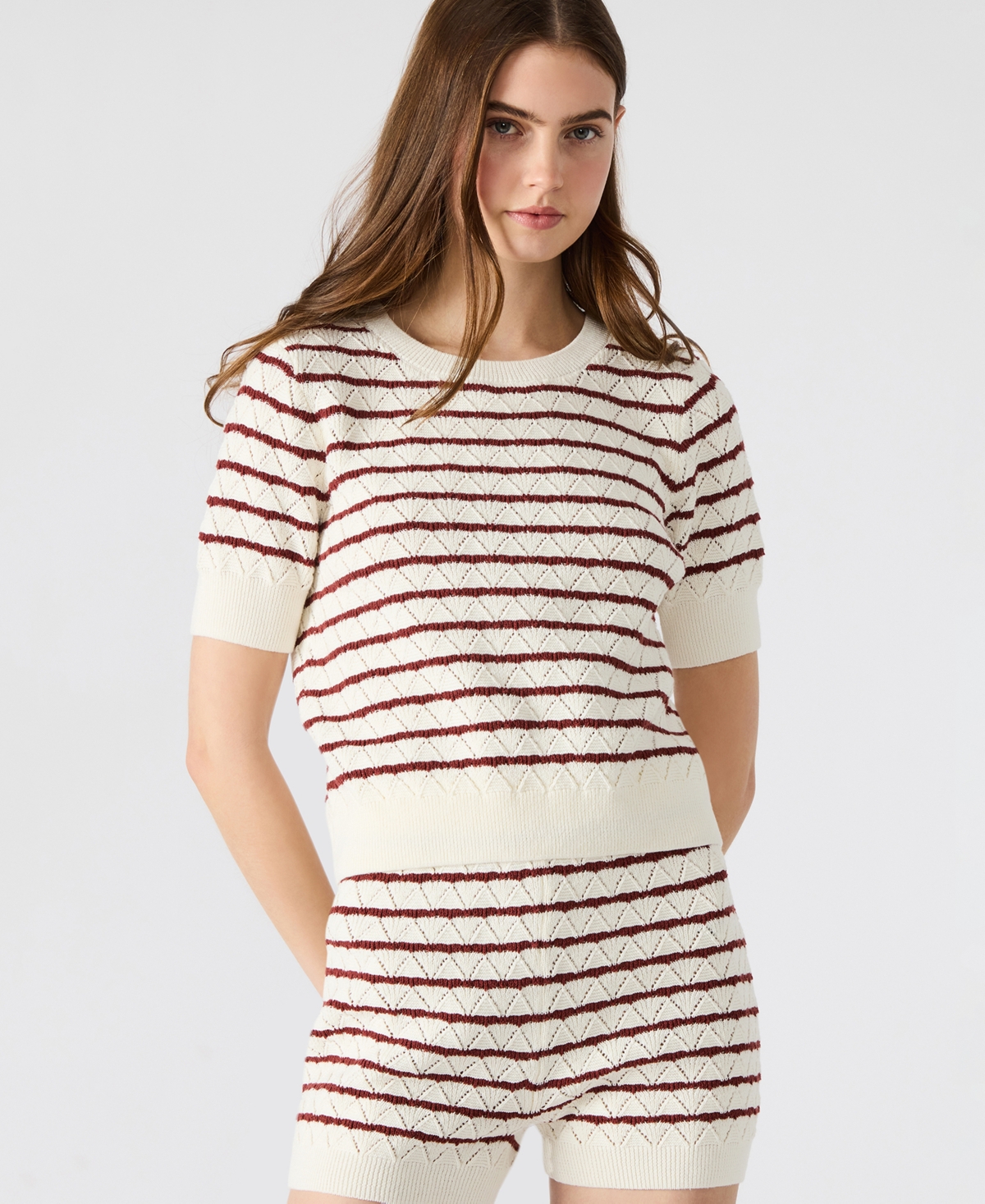 Steve Madden Women's Norris Striped Pointelle Short-sleeve Sweater