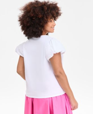 Trendy Plus Size U-Neck Short-Puff-Sleeve Cotton Top, Exclusively at Macy's 