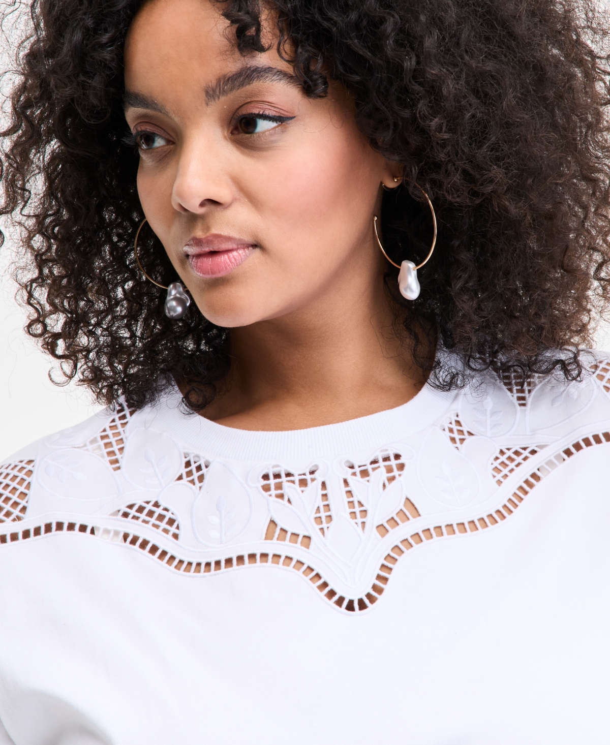 Inc International Concepts Plus Size Cotton Lattice-inset Top, Exclusively At Macy's