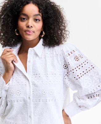 Plus Size Cotton Eyelet-Embroidered Blouse, Exclusively at Macy's