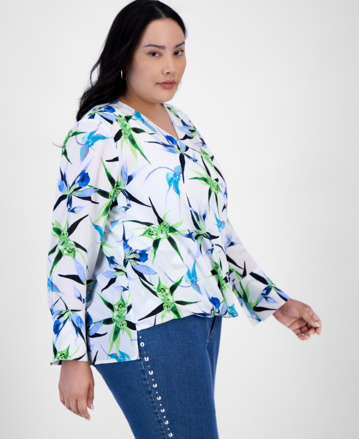 Inc International Concepts Plus Size Printed Surplice Long-sleeve Blouse, Exclusively At Macy's