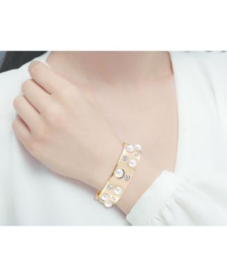 Gold Tone Hinge Bracelet with Crystal Stone and Pearl Accents