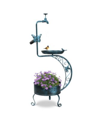 Vintage Metal Garden Bird Bath with Solar Lamp and Flower Planter Pedestal Standing Bird Feeder