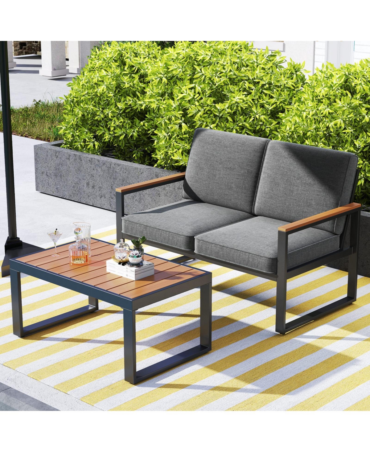 Gymax 2 Pcs Patio Aluminum Furniture Set Cushioned Sectional Sofa w/ Coffee Table