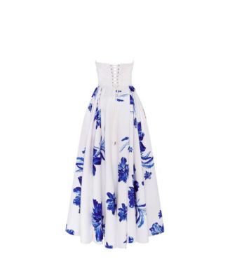 Women's Wonderful white A-line maxi dress with blue flowers