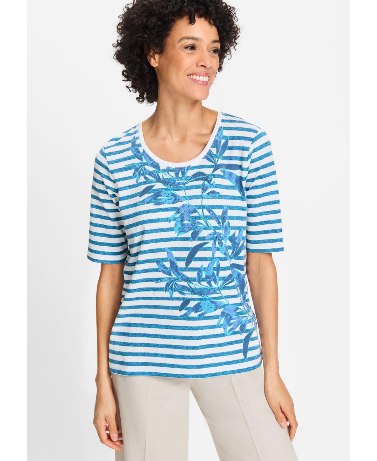 Women's Striped and Foliage Print T-Shirt - Capri blue