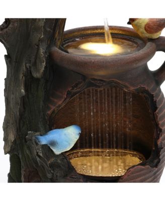 Rain Barrel with Tree and Birds 2.5-Feet Tall Outdoor Polyresin Fountains with Light