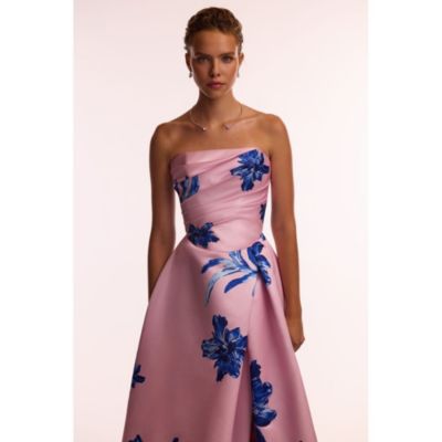 Women's Dainty pink A-line maxi dress with blue-flowered pattern
