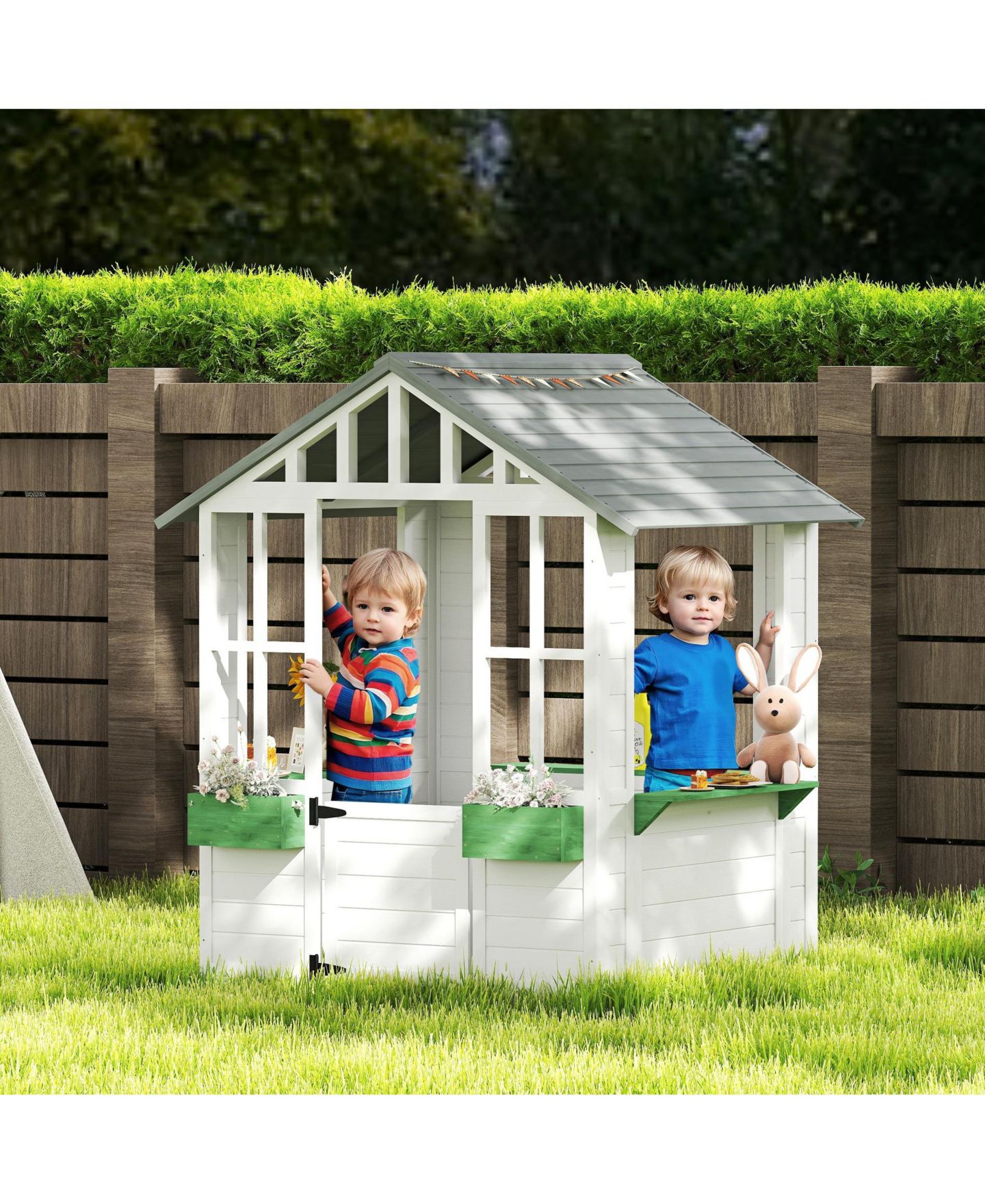 Детская игрушка Outsunny Outdoor Wood Playhouse with Tilt Roof, Ages 3+, цвет: Белый — фото 2