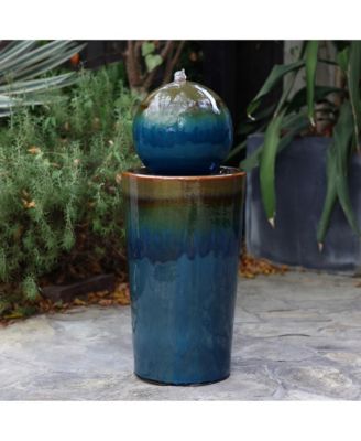 Glazed Blue and Brown Duo-Tone Sphere on Round Pillar Bubbler 30-Inch Tall Ceramic Fountain