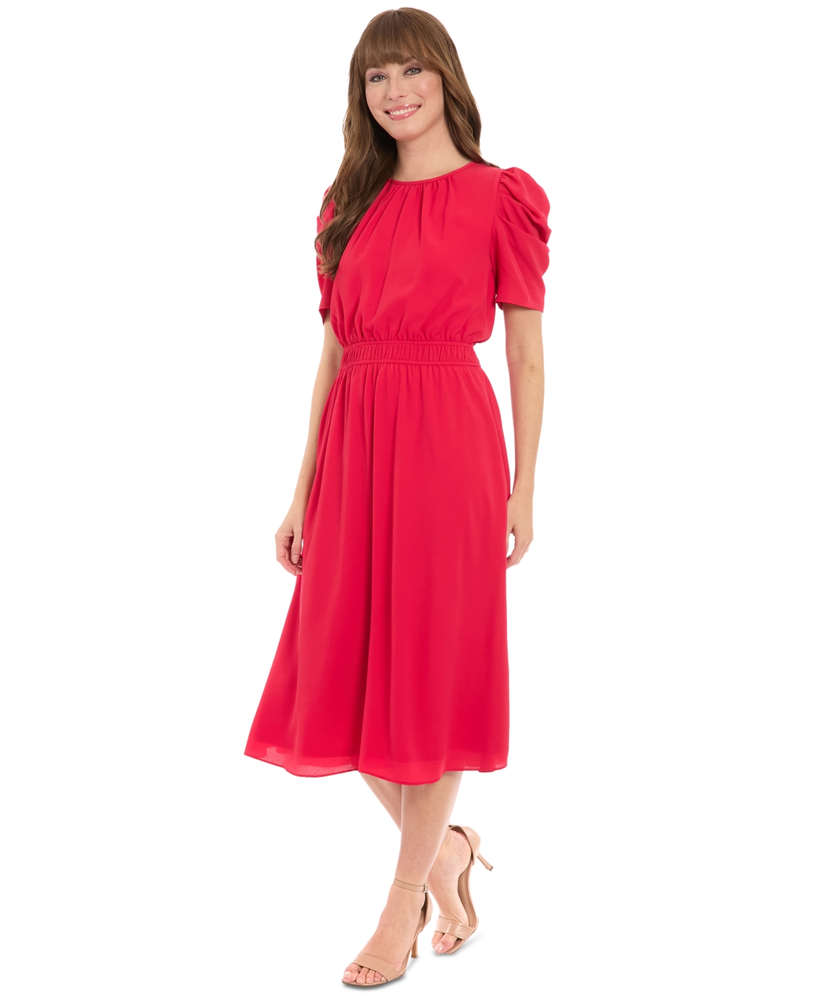London Times Ruched Bubble Sleeve Midi Dress In Red