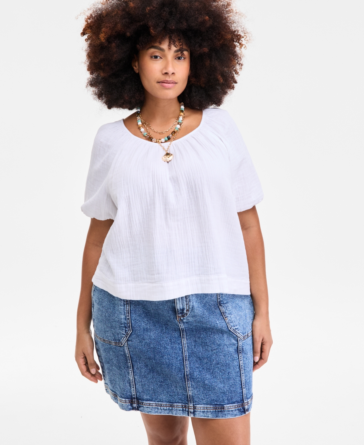 On 34th Plus Size Cotton Gauze Scoop-neck Puff-sleeve Top, Exclusively At Macy's