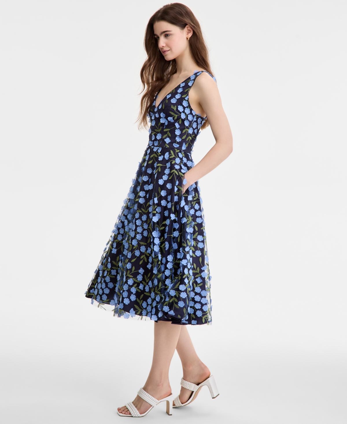 Eliza J Women's Floral-print Mesh V-neck Midi Dress