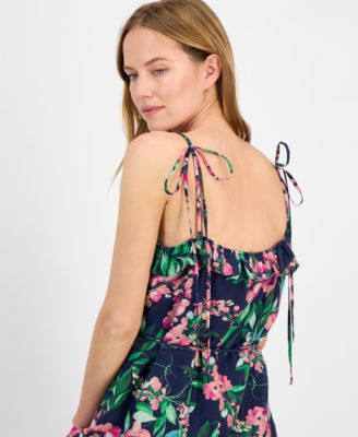 Women's Tie-Shoulder Sleeveless Ruffle-Trim Maxi Dress