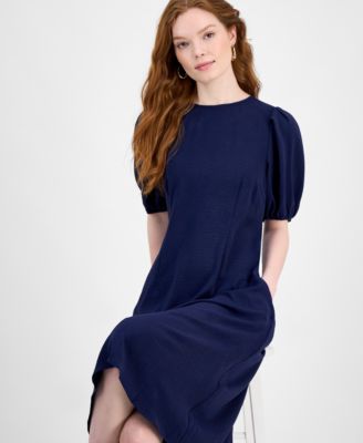 Women's Puff-Sleeve Round-Neck Midi Dress