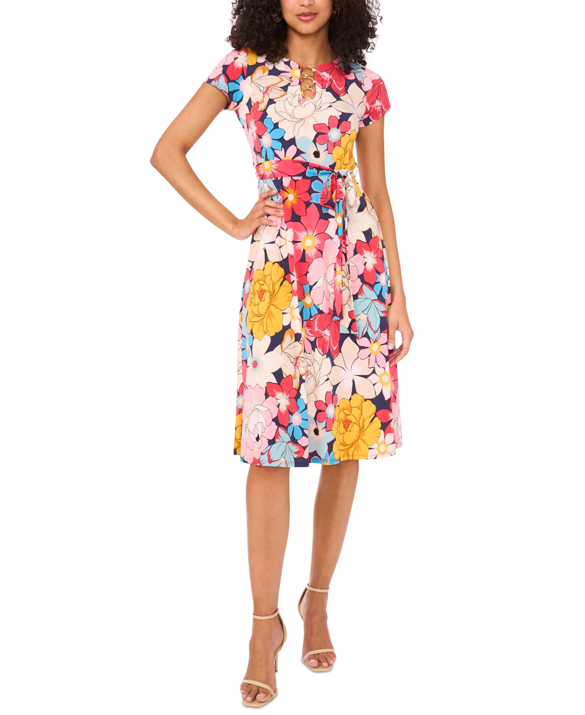 Msk Petite Printed O-ring-trim Short-sleeve Dress