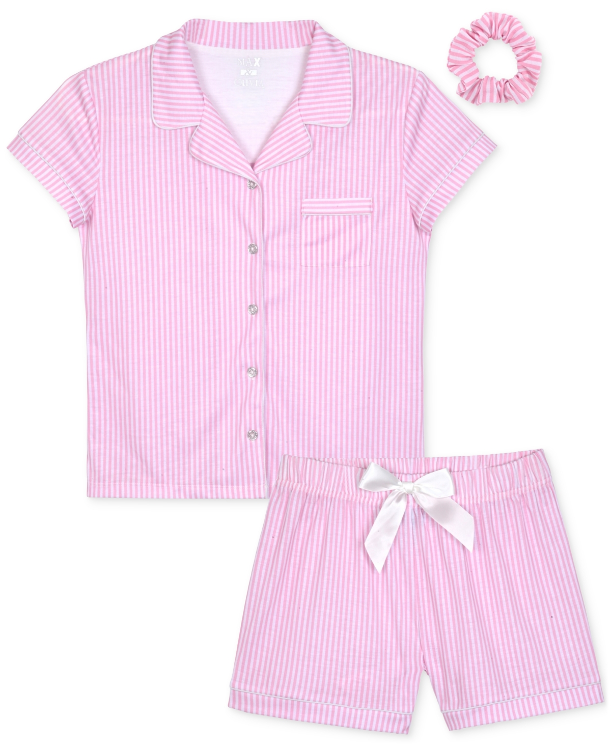 Max & Olivia Big Girls Striped Button-front Top & Shorts Pajamas With Scrunchie, 3 Piece Set