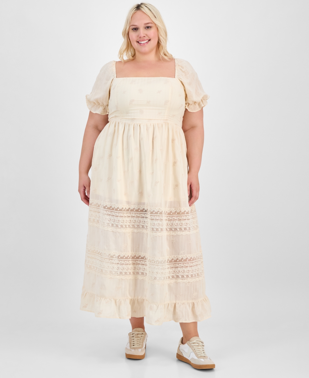 And Now This Trendy Plus Puff-sleeve Lace-trim Midi Dress, Exclusively At Macy's In Beige