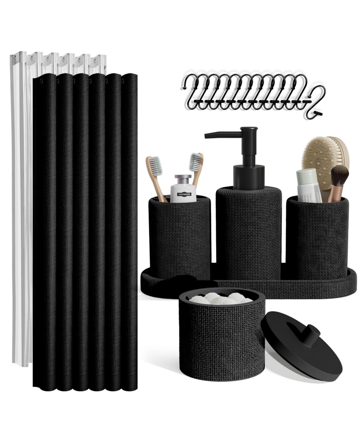 Complete Burlap-Texture Polyresin Bathroom Decor & Accessory Set with Shower Curtain - White