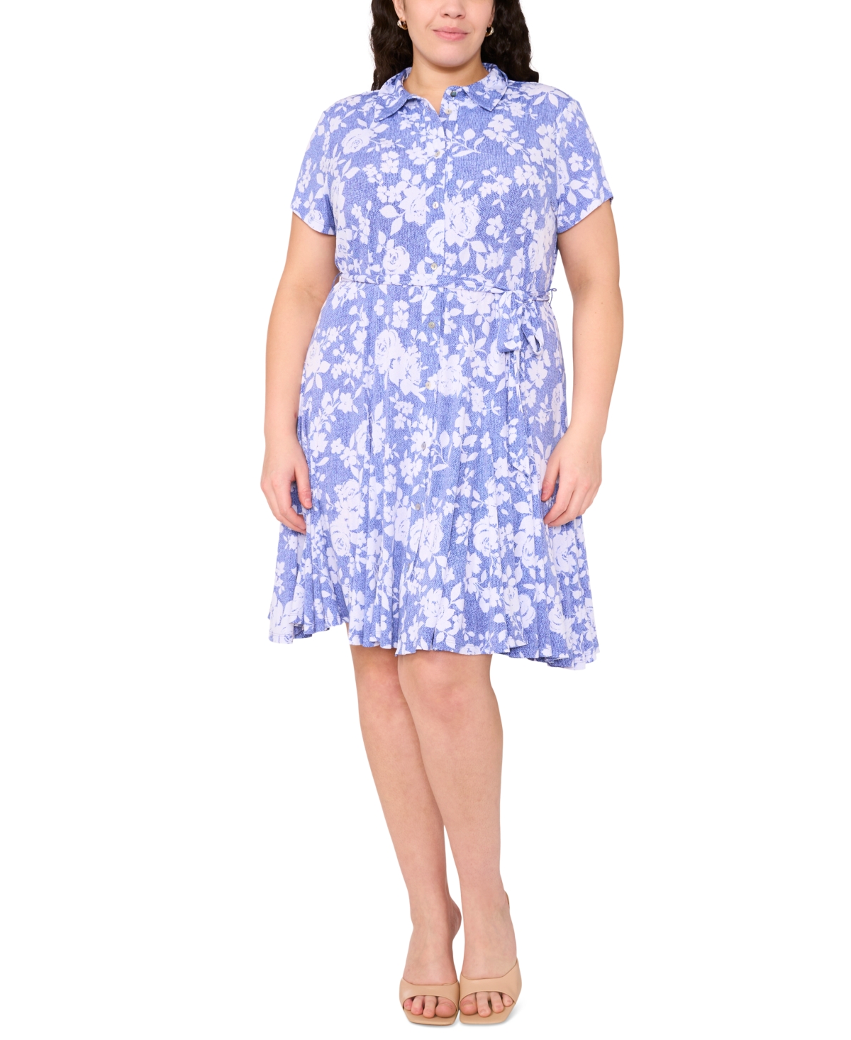 Plus Size Printed Tie-Waist Short-Sleeve Shirtdress - Denim White